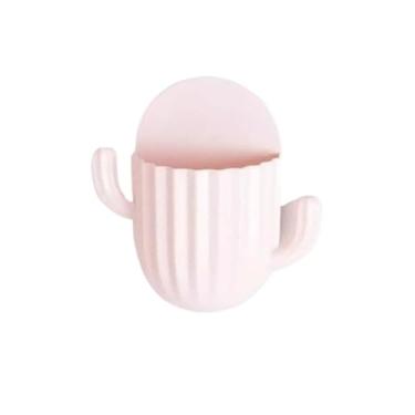 Imagem de Caixa De Armazenamento Sem Punção Para Montagem Na Parede Do Cacto/Porta-Escova De Dentes Multifuncional Com Ganchos(Rosa)