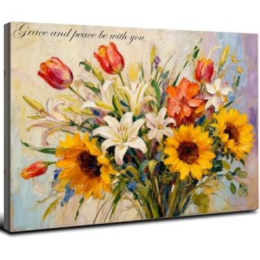 Imagem de Arte de parede em tela de girassol amarelo cristão tulipas brilhantes lírio pintura a óleo floral 40,6 x 61 cm grande impressão emoldurada vintage decoração rústica pôster de casa de fazenda imagem de
