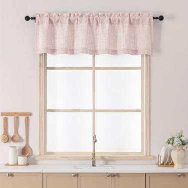 Imagem de Chyhomenyc Saia rosa blush para janelas, pequena sanefa de cozinha texturizada com filtro de luz, cortina curta de janela superior com bolso para varão para banheiro, porão de fazenda, 152 cm L x 35