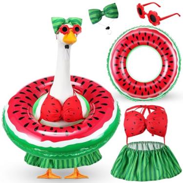 Imagem de Sunnymove Roupa de ganso para varanda de biquíni com óculos de sol e tubo de natação para decoração de estátua de jardim de ganso de verão de 58 cm (melancia)