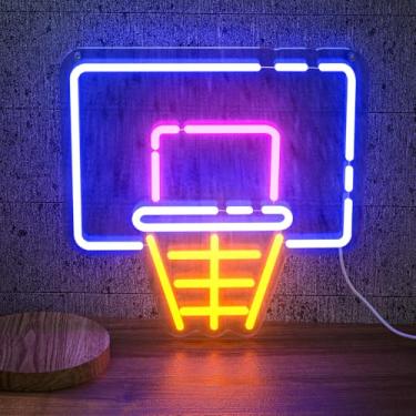Imagem de Placa neon de cesta de basquete para decoração de parede – Placa de luz regulável de LED com controle de brilho para fãs de esportes, quarto infantil, caverna masculina, quarto, bar, sala de jogos