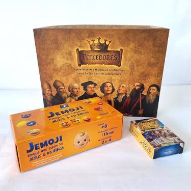 Imagem de Kit 3 Jogos Bíblicos Educativos para Crianças | Tabuleiro História da Igreja + Jemoji Emojis que Falam de Jesus + Trunfo Batalha dos Pequeninos da Bíblia