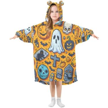 Imagem de Kigai Happy Halloween Ghosts Pumpkin Wearable Cobertor com capuz para crianças, moletom de flanela sherpa com capuz macio e confortável - P, A, P