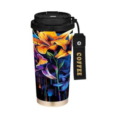Imagem de STAYTOP Copo de café de aço inoxidável de 500 ml, pintura floral colorida, caneca de café isolada com tampa, copo de café à prova de derramamento, copos portáteis reutilizáveis para bebidas quentes e