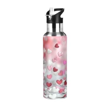 Imagem de Wassud Garrafa de água romântica coração garrafa de água esportiva de aço inoxidável com canudo garrafas de água isoladas copo portátil de viagem 623 g