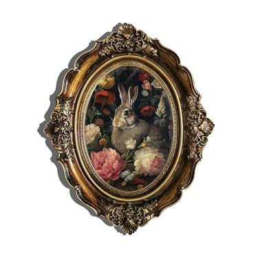 Imagem de XIAOAIKA Arte em tela oval barroca vintage, estampa vintage de coelho entre flores com detalhes em relevo 3D, moldura de resina dourada bronze antigo para decoração de entrada, sala de estar, quarto
