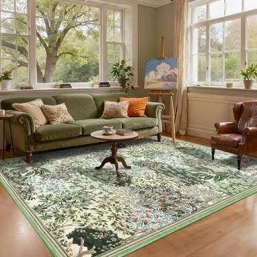 Imagem de GarveeHome Tapetes florestais, 15 x 23 cm, bege, verde, lavável, tapete para sala de estar, botânico, antiderrapante, resistente a manchas, para fazenda, quarto, sala de jantar