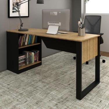 Imagem de Mesa para Escritório 160cm com 2 Prateleiras MDP Reversível Amêndoa/Pr