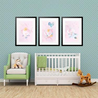 Imagem de Kit 3 Quadros Grandes Quarto Infantil Baby Elefante 60X48Cm