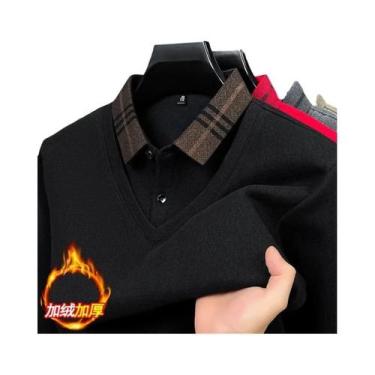 Imagem de Suéter Masculino De Inverno Grosso De Lã De Malha Com Gola Camisa Quen