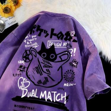 Imagem de Camisetas Femininas Vintage De Verão Com Estampa De Gato Kawaii Haraju