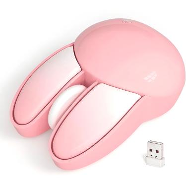 Imagem de Mouse Sem Fio Rosa Orelhas de Coelho 2.4GHz Ergonômico 1200 DPI
