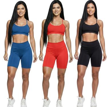 Imagem de KIT 3 Conjunto Top Alça Fina e Bermudinha Suplex Vekyo Roupa Para Academia Moda Fitness Musculação-Feminino