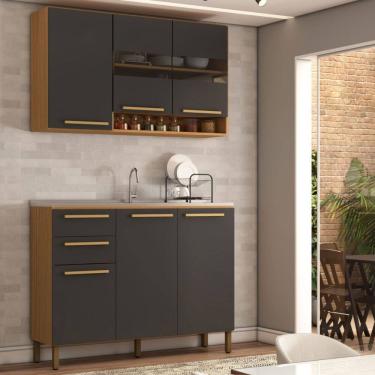 Imagem de Cozinha Compacta Notte 6 Portas 2 Gavetas 100% Mdf com Vidro Amêndoa/Cinza - Panorama M...