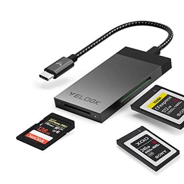 Imagem de Leitor de cartão 3 em 1 CFexpress/XQD/SD USB C, VELOGK Dual-Slot USB 3.2 (10Gbps) CFexpress Tipo B Adaptador de leitor de cartão compatível com Android/Windows/Mac OS/Linux, com capa de alumínio escovado e bolsa portátil