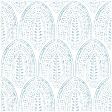 Imagem de OSECAGE Papel de parede moderno Peel and Stick 43 cm × 192 cm papel de parede geométrico Boho papel de contato azul e branco