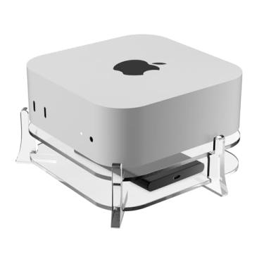 Imagem de CaSZLUTION Suporte para Mac mini M4 com compartimento de armazenamento SSD externo, suporte de mesa de acrílico transparente para Mac mini M4/M4 Pro 2024, resfriamento aprimorado, fácil acesso ao