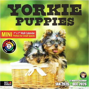 Imagem de RED EMBER Yorkie Puppies Yorkshire Terriers 2026 Mini calendário de parede 12 meses | 17,8 cm x 35,5 cm aberto | Papel grosso e resistente | Presente | Calendário 2026