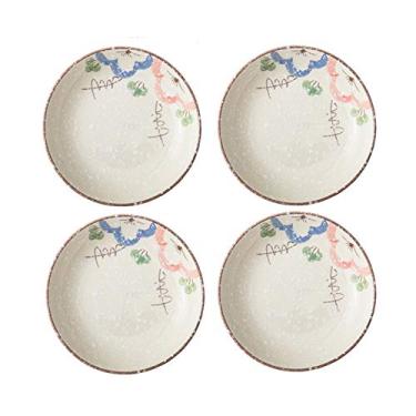 Imagem de Prato de serviço prato de jantar com motivos florais de cerâmica redonda, sobremesa esmaltada, salada, prato de massa, prato de aperitivo de 20 cm, conjunto de 4 peças. Pratos (Cor: latão)