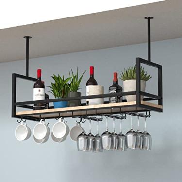 Imagem de Rack de vinho suspenso com guarda e suporte de vidro, barra de teto de metal, rack de vidro de vinho, rack de garrafa de vinho montado na parede industrial (cor: preto, tamanho: 120 x 30 x 60 cm)