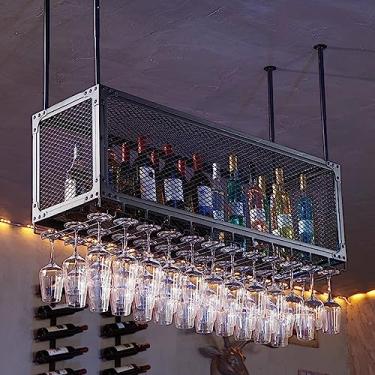 Imagem de Rack de vinho suspenso, barra de teto de metal ajustável, suporte de vidro com suporte de vidro e prateleira 2 em 1 rack de vinho e vidro industrial montado na parede para bares, restaurantes
