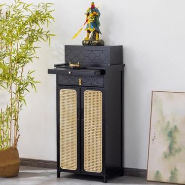 Imagem de Mesa de altar budista de bambu com armazenamento - Armário de meditação simples, nicho de santuário chinês com porta de vime (nogueira preta, 42 x 38 x 120 cm) - Perfeito para mindfulness e decoração