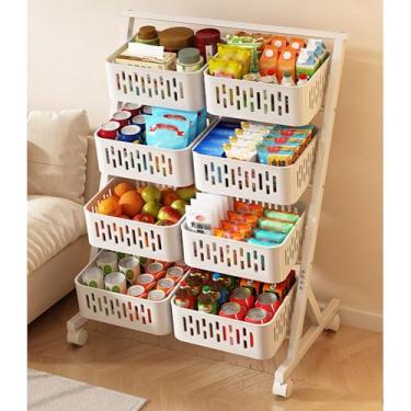 Imagem de Rack de exibição de lanche de 3 4 níveis com rodas, organizador de armazenamento carrinho de prateleira de metal para alimentos frutas vegetais, suporte de concessão portátil de home theater (cor