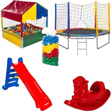 Imagem de Kit Playground Cama Elástica Pula Pula 2,44m  Piscina de Bolinhas Quadrada 1,00m c/ 500 Bolinhas Resistente Escorregador Grande Gangorra 1 Lugar