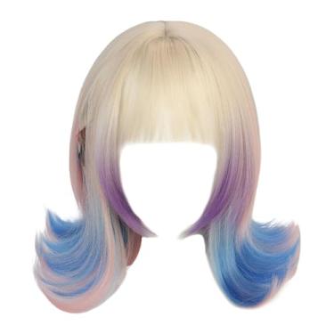 Imagem de Ysyqkn Peruca de cosplay, com 2 clipes, para vestir, peruca versátil loira rosa azul ombré, curta para festa temática de Halloween