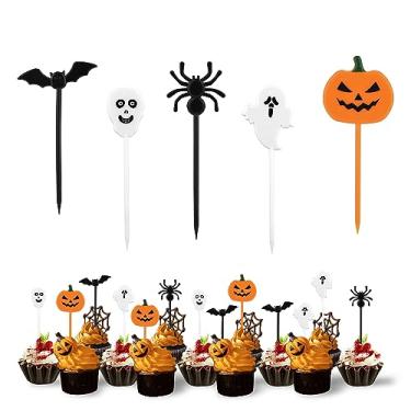 Imagem de 100 peças de topos de cupcake de Halloween, enfeites engraçados de cupcake de aniversário de Halloween morcego fantasma abóbora aranha decorações para festa de aniversário (cor aleatória)