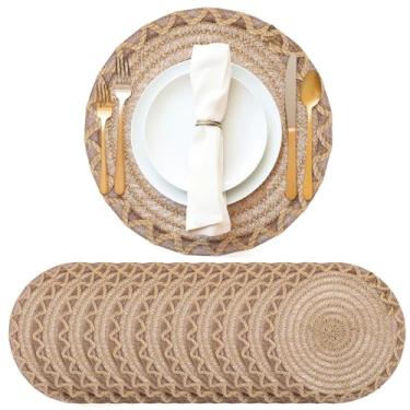 Imagem de Gandeer Jogo americano redondo de serapilheira a céu aberto, 12 peças, boho, juta, carregador, rústico, vintage, marrom, resistente ao calor, tapete de mesa de jantar para casa, casamento, artesanato