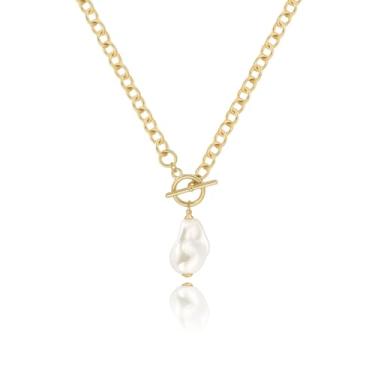 Imagem de Liiusgelad Colar com pingente de pérola barroca para mulheres, colar de cruz de ouro, corrente de clipe de papel grossa não manchada, colares de pérolas de coração em camadas longas para mulheres na