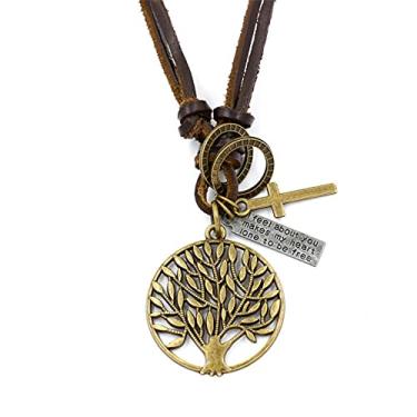 Imagem de Hifunny Colar de Couro com Pingente de Árvore da Vida, Cruz, Círculo, Ajustável, Unissexo, Marrom, Strass
