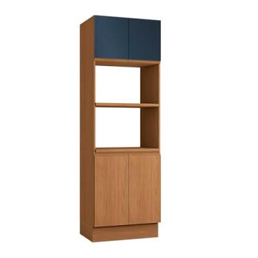 Imagem de Armário Torre Quente para Forno Micro-ondas 4 Portas 700mm de Madeira Canela/Azul