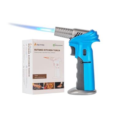 Imagem de Restaurantware - Tocha RW Pyro Creme Brulee com chama ajustável, 1 maçarico culinário recarregável – Tanque de gás butano não incluído, cabeça giratória, tocha de cozinha azul, trava de segurança,