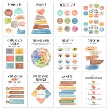 Imagem de Kifredwo 12 peças de pôsteres de saúde mental - itens essenciais para consultoria escolar, decoração de escritório de terapia, roda de sentimentos, hierarquia de necessidades, tabela de comportamentos