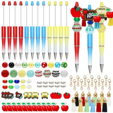 Imagem de JarThenaAMCS Caneta esferográfica Back to School Welcome com contas coloridas, canetas esferográficas retráteis, tinta de gel, com pingentes, borlas, anéis de clipe para bricolage, material escolar,