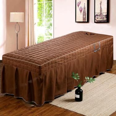 Imagem de Capa de cama para salão de beleza, cor sólida, para mesa de massagem, com saia, lençol grosso e macio com bolso lateral, colcha de spa de massagem profissional com furo marrom ||60 * 180 cm