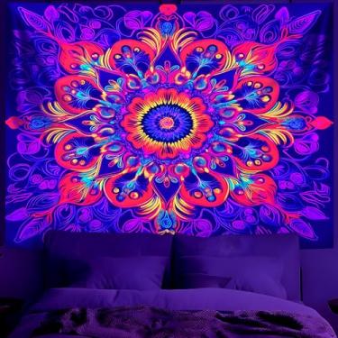 Imagem de BVBOX Tapeçaria de mandala de luz negra tapeçaria UV reativa riactivo arte de parede paisagem neon pôster de festa que brilha no escuro para quarto, sala de estar (tipo 4, 200 x 149 cm, sem moldura)