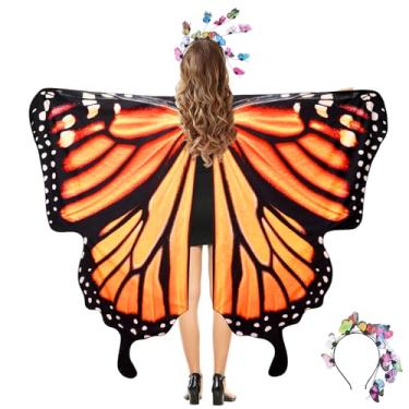 Imagem de cosmisun Fantasia de xaile de asas de borboleta - capa de asas de borboleta laranja preta para mulheres e meninas, conjunto de faixa de cabeça multicolorida para festa de adultos, acessório de foto