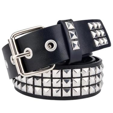 Imagem de GORGECRAFT Cinto rebite cravejado de couro PU preto 44,4 x 5 polegadas gótico punk rock liga metálica brilhante pirâmide pinos ilhós fios cintos para roupas jeans, calças, vestidos, mulheres, homens