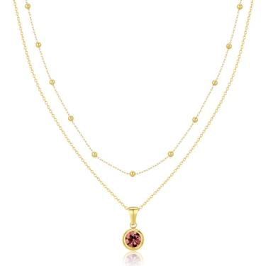 Imagem de Jewanfix Colar em camadas banhado a ouro 14K feminino diamante esmeralda colar de pedra do mês de nascimento colar de ouro delicado colar rosa azul-petróleo cubo zircônia pingente colar joia feminina