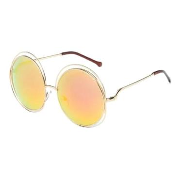 Imagem de Óculos de sol vintage redondos, tamanho grande, com lentes grandes, espelhados, armação de metal, óculos de sol femininos, estilosos, 7, dourados, vermelhos, altura da lente: 6,2 cm