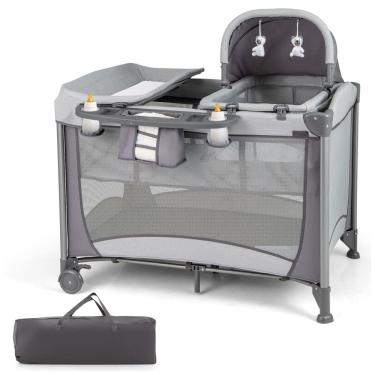 Imagem de Berço Cercado Portátil 4 em 1 com Trocador Removível, Cesta de Fraldas e Bolsa de Transporte, HONEY JOY, Cinza Escuro