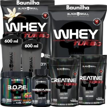 Imagem de Kit 2x Whey Protein Turbo 907g + 2x Creatina Monohidratada 150g + Pré-Treino BOPE 150g + Thermo Flame Termogênico 120 Tabletes+ 2x Coqueteleira - Black Skull (Whey Baunilha + Bope Frutas Vermelhas)