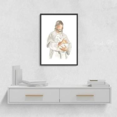 Imagem de Quadro Decorativo Jesus Com Cordeiro 45X34Cm - Preta - Quadros On-Line