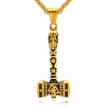 Imagem de Oaldilee Colar masculino nórdico viking Mjolnir Thor martelo para homens, pingente de amuleto nórdico Valknut banhado a ouro 18 quilates de aço inoxidável com corrente de trigo, caixa de presente, Aço