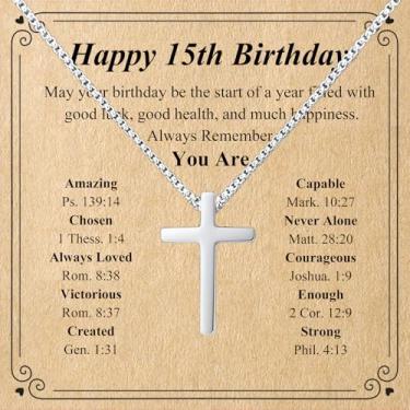 Imagem de FYBLYCOO Presentes de aniversário de 7 a 20 anos para homens, colar de cruz preto/prata/ouro, decorações de aniversário, joias religiosas cristãs para homens, filho, neto, sobrinho, 12inch, Aço