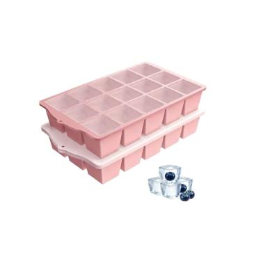 Imagem de Bandejas de gelo para freezer, 2 unidades de bandeja de gelo slicone de liberação fácil com tampa, moldes de gelo flexíveis empilháveis sem BPA, 15 cubos de gelo quadrados reutilizáveis para uísque