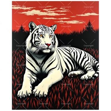 Imagem de Kit de pintura de vida selvagem por números para adultos - Pintura DIY de tigre branco pôr do sol em tela 40,6 x 50,8 cm, conjunto de tinta acrílica, adequado para iniciantes, arte para decoração de